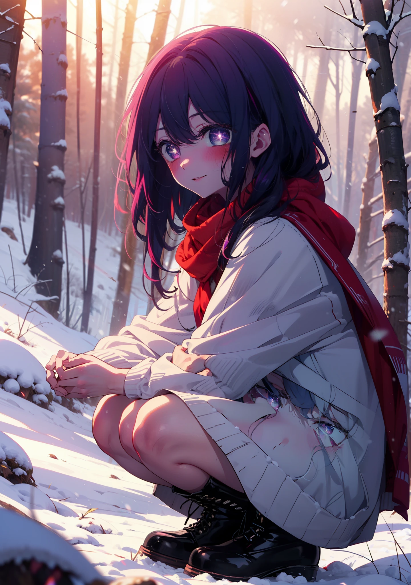 aihoshino, Ai Hoshino, Long Hair, bangs, (Purple eyes:1.1), Purple Hair, (Symbol-shaped pupil:1.5), smile,,smile,blush,white breath,
Open your mouth,snow,Ground bonfire, Outdoor, boots, snowing, From the side, wood, suitcase, Cape, Blurred, , forest, White handbag, nature,  Squat, Mouth closed, Cape, winter, Written boundary depth, Black shoes, red Cape break looking at viewer, Upper Body, whole body, break Outdoor, forest, nature, break (masterpiece:1.2), Highest quality, High resolution, unity 8k wallpaper, (shape:0.8), (Beautiful and beautiful eyes:1.6), Highly detailed face, Perfect lighting, Extremely detailed CG, (Perfect hands, Perfect Anatomy),