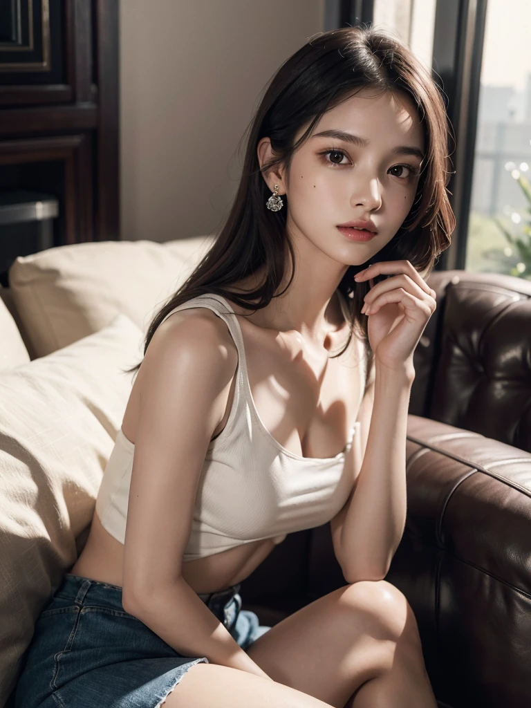 absurdres, RAW photo, extremely delicate and beautiful, masterpiece, Best Quality, ultra high resolution, 32k, hyperrealistic, ultra-detailed, perfect anatomy, super Detailed skin, perfect figure, Super Beauty, Perfect Style, Perfect balance, Beautiful Lighting, Perfect Lightning, Realistic Shadows, 20 years old, very Slim body, narrow waist, very small head, very small face, delicate facial features, handsome detailed woman, very detailed eyes and face, realistic face proportions, Realistic beautiful face, Realistic beautiful eyes, tearful mole, earring, very huge round breasts, legs, medium hair, asymmetrical hair, full body shot, indoor, tank top, crop top, skirt, sleeveless,