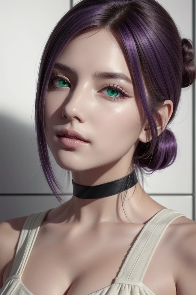 (masterpiece, best quality), intricate details, 1girl, Reze,green eyes, choker, hair between eyes, pure white skin, multicolor hair, purple hair, hair bun, short hair, perfect face, perfect aesthetic shape body, large breasts, white cropped dress, posing to viewer, 8k , ultra realistic.