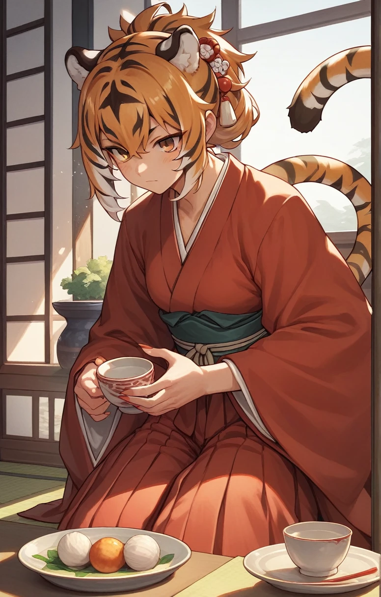 anime,((Tiger Girl,)) ,(Black and red kimono),(Hakama), ((I have nothing)) , (A Cup), Whole body--ar 4:7 --s 40