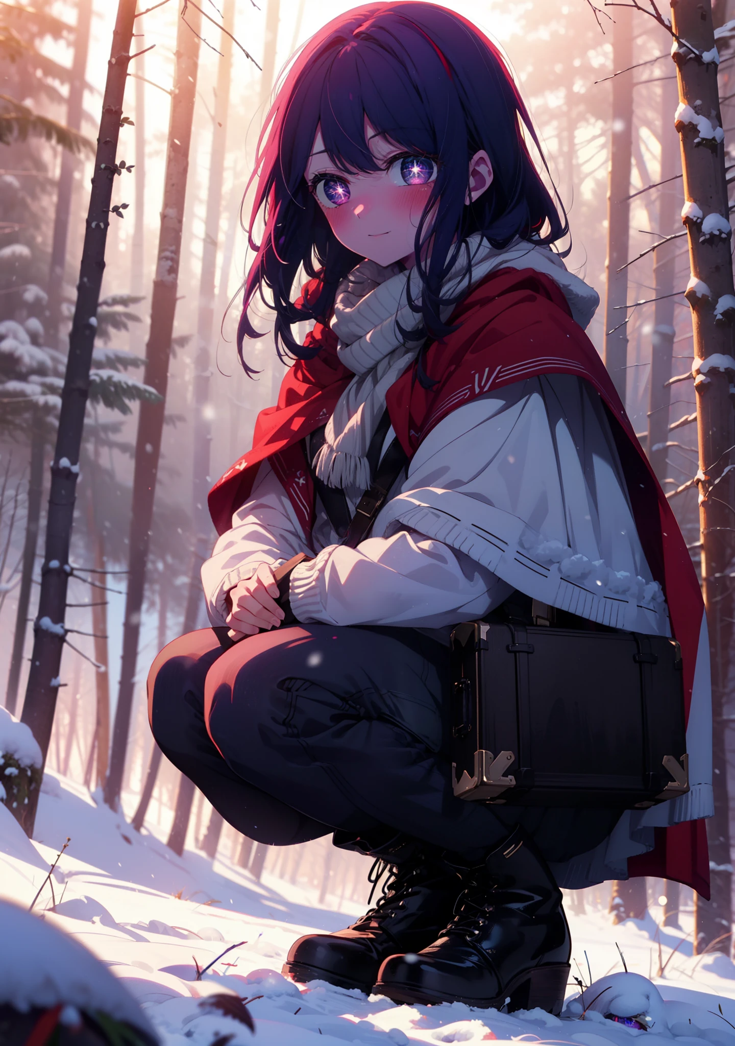 aihoshino, Ai Hoshino, Long Hair, bangs, (Purple eyes:1.1), Purple Hair, (Symbol-shaped pupil:1.5), smile,,smile,blush,white breath,
Open your mouth,snow,Ground bonfire, Outdoor, boots, snowing, From the side, wood, suitcase, Cape, Blurred, , forest, White handbag, nature, Squat, Mouth closed, Cape, winter, Written boundary depth, Black shoes, red Cape break looking at viewer, Upper Body, whole body, break Outdoor, forest, nature, break (masterpiece:1.2), Highest quality, High resolution, unity 8k wallpaper, (shape:0.8), (Beautiful and beautiful eyes:1.6), Highly detailed face, Perfect lighting, Extremely detailed CG, (Perfect hands, Perfect Anatomy),