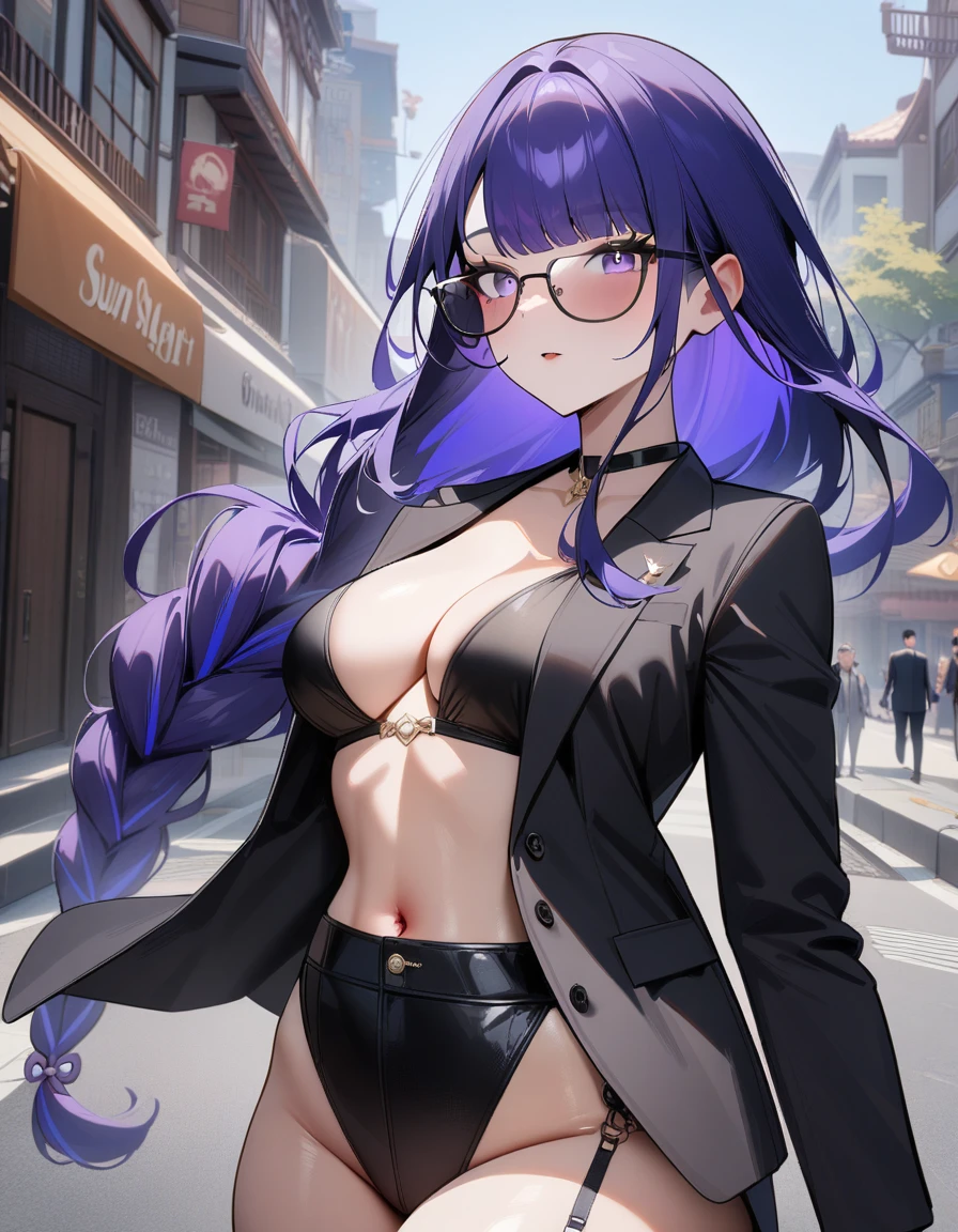 1girl, raiden shogun, genshin impact,boss,sun glasses, cool,city street,masterpiece,very aesthetic,newest,nsfw