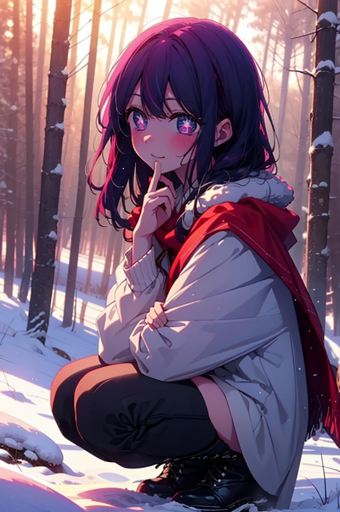 aihoshino, Ai Hoshino, Long Hair, bangs, (Purple eyes:1.1), Purple Hair, (Symbol-shaped pupil:1.5), smile,,smile,blush,white breath,
Open your mouth,snow,Ground bonfire, Outdoor, boots, snowing, From the side, wood, suitcase, Cape, Blurred, , forest, White handbag, nature, Squat, Mouth closed, Cape, winter, Written boundary depth, Black shoes, red Cape break looking at viewer, Upper Body, whole body, break Outdoor, forest, nature, break (masterpiece:1.2), Highest quality, High resolution, unity 8k wallpaper, (shape:0.8), (Beautiful and beautiful eyes:1.6), Highly detailed face, Perfect lighting, Extremely detailed CG, (Perfect hands, Perfect Anatomy),