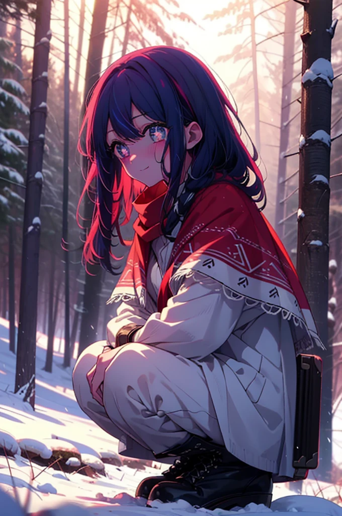 aihoshino, Ai Hoshino, Long Hair, bangs, (Purple eyes:1.1), Purple Hair, (Symbol-shaped pupil:1.5), smile,,smile,blush,white breath,
Open your mouth,snow,Ground bonfire, Outdoor, boots, snowing, From the side, wood, suitcase, Cape, Blurred, , forest, White handbag, nature, Squat, Mouth closed, Cape, winter, Written boundary depth, Black shoes, red Cape break looking at viewer, Upper Body, whole body, break Outdoor, forest, nature, break (masterpiece:1.2), Highest quality, High resolution, unity 8k wallpaper, (shape:0.8), (Beautiful and beautiful eyes:1.6), Highly detailed face, Perfect lighting, Extremely detailed CG, (Perfect hands, Perfect Anatomy),