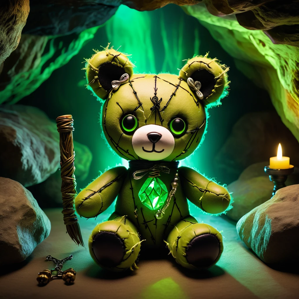 (knitted toy voodoo doll:1.7), (Voodoo Bear in Cave:1.3), (Clothing: dark fur with glowing green highlights:1.0), (Accessories: enchanted cursed honey pot, glowing ethereal claws, mystical haunted cave:1.2), (background: eerie cave with floating, glowing crystals and echoing growls:1.2), best quality, masterpiece, detailed soft oil painting, detailed background, dramatic cinematic lighting, soft edge lighting, professional, dramatic lighting, hard edge lighting, ultra quality, 4k, masterpiece, best quality, 8k, ultra high definition, high resolution, extremely detailed