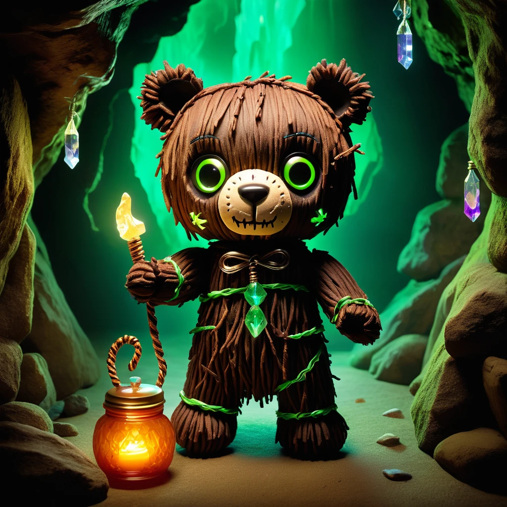 (knitted toy voodoo doll:1.7), (Voodoo Bear in Cave:1.3), (Clothing: dark fur with glowing green highlights:1.0), (Accessories: enchanted cursed honey pot, glowing ethereal claws, mystical haunted cave:1.2), (background: eerie cave with floating, glowing crystals and echoing growls:1.2), best quality, masterpiece, detailed soft oil painting, detailed background, dramatic cinematic lighting, soft edge lighting, professional, dramatic lighting, hard edge lighting, ultra quality, 4k, masterpiece, best quality, 8k, ultra high definition, high resolution, extremely detailed