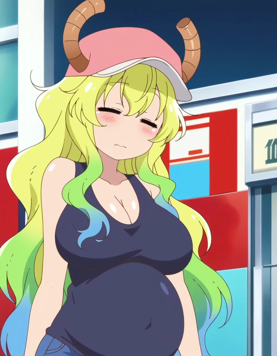 score_9, score_8_up, score_7_up, source_anime,masterpiece,best quality,highres,absurdres,official art,official style,source_anime,anime screencap,anime coloring,megami magazine,anime,animated,????????,
shiny skin,large breasts,lucoa (maidragon), multicolored hair, blonde hair, green hair, gradient hair,dragon girl, horns through headwear,baseball cap, large breasts, cleavage, tank top, closed eyes,