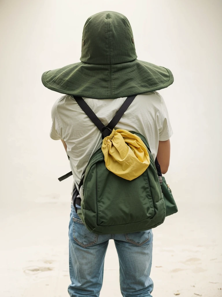 Green tricorn hat、Guitar and backpack on his back、Green clothes and yellow-green scarf、Cool adult man、Looking at this、I can see your face