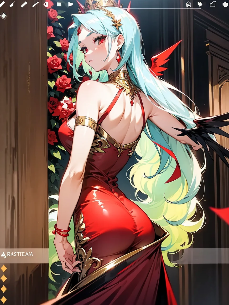 Add in roses to her dress, a good back dress design with some golden jewelry, make her dress into a red and white gown with a hat, give her some unique Jewelry, and make her look somewhat of a demonic angel like appearance to her