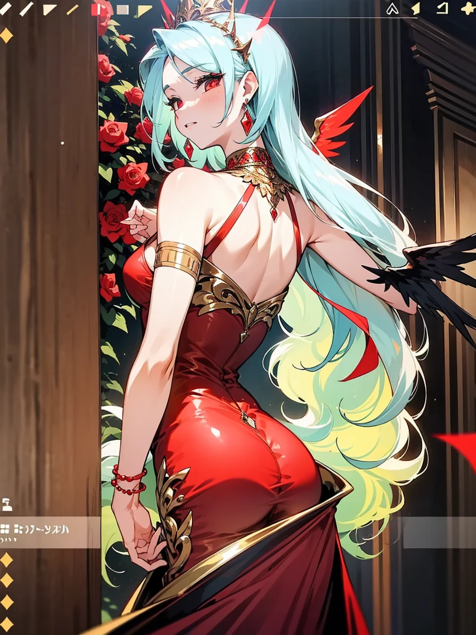 Add in roses to her dress, a good back dress design with some golden jewelry, make her dress into a red and white gown with a hat, give her some unique Jewelry, and make her look somewhat of a demonic angel like appearance to her