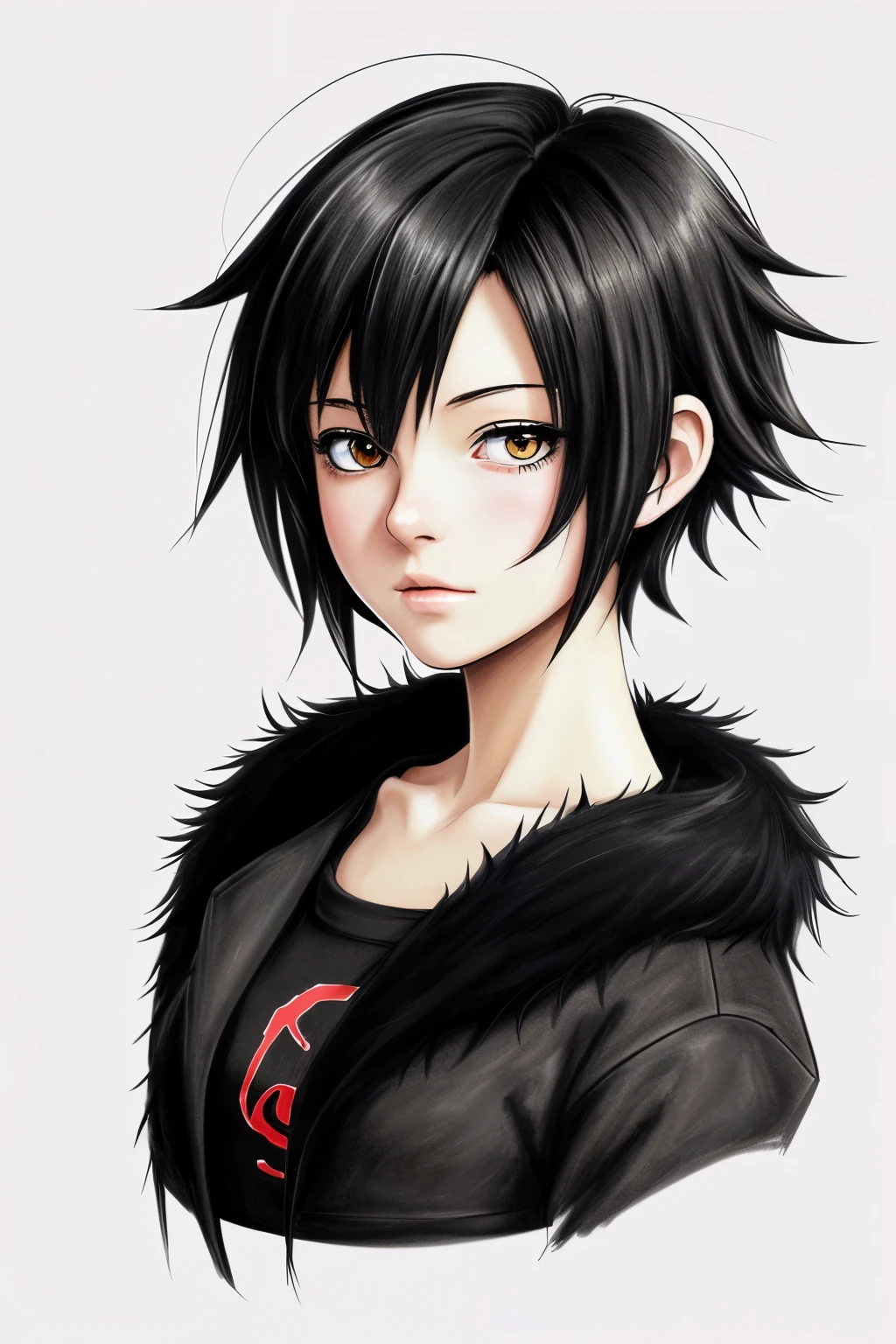 anime drawing, 1  girl,  black fur, Teenage girl, , short hair, European girl, girl