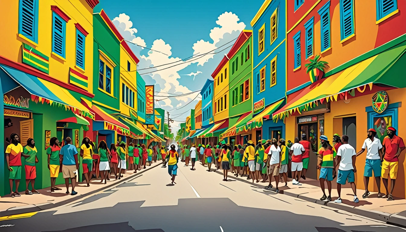 Vector art, Lots of Jamaican Reggae, Authentic Jamaican reggae music atmosphere, Chic colors,Attention to detail,
Streetscape,Shield of David,Rastafarian,Full Rasta color