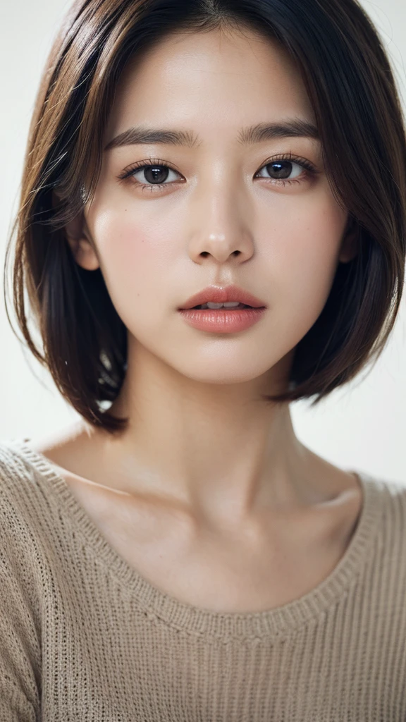 (masterpiece:1.3), (8k, photorealistic, RAW photo, best quality: 1.4), (1girl), beautiful face, (realistic face), (black hair, short hair:1.3), beautiful hairstyle, realistic eyes, beautiful detailed eyes, (realistic skin), beautiful skin, (sweater), absurdres, attractive, ultra high res, ultra realistic, highly detailed, golden ratio