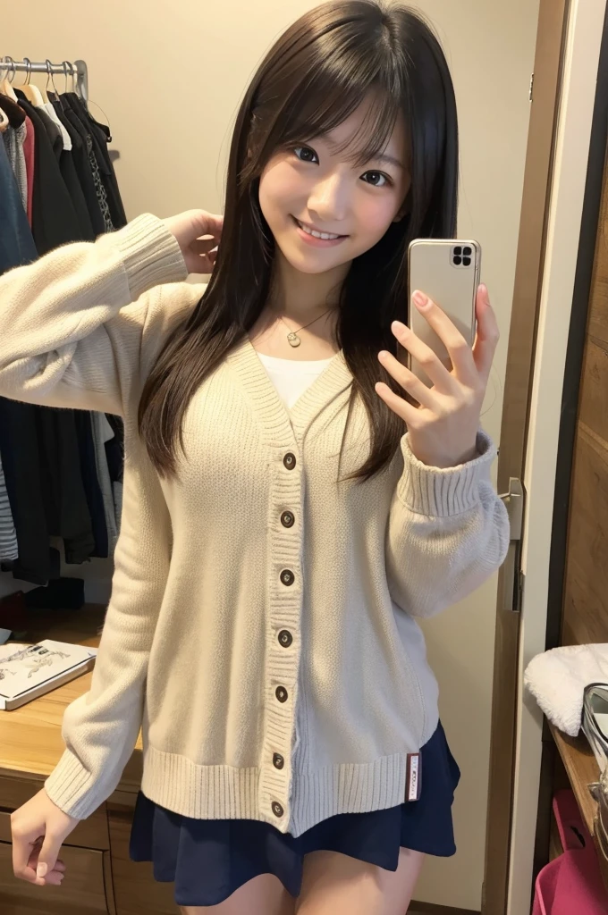Highest quality,japanese,looking smartphone,girl,smile,messy room,chest pull up,
self_shot