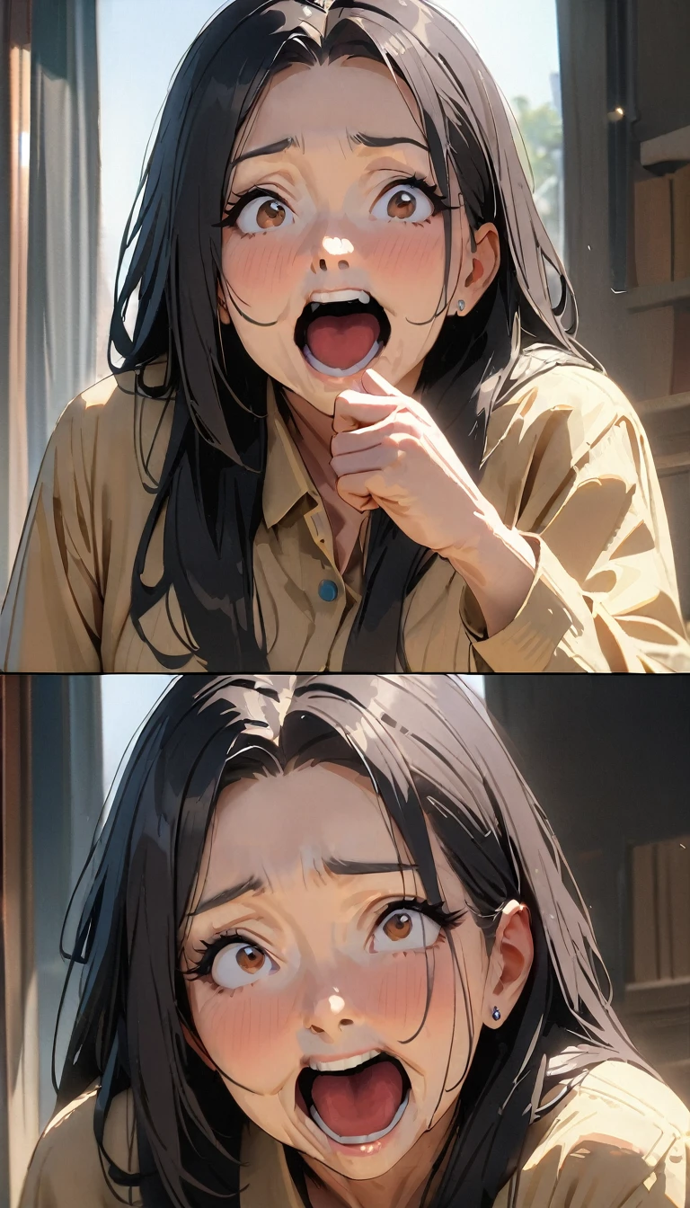 (((50 years old woman))) , masterpiece , modern, Verism, masterpiece, super detail, best quality, 4K , A beautiful woman, black hair, long hair, She has his mouth wide open, showing a very surprised expression.