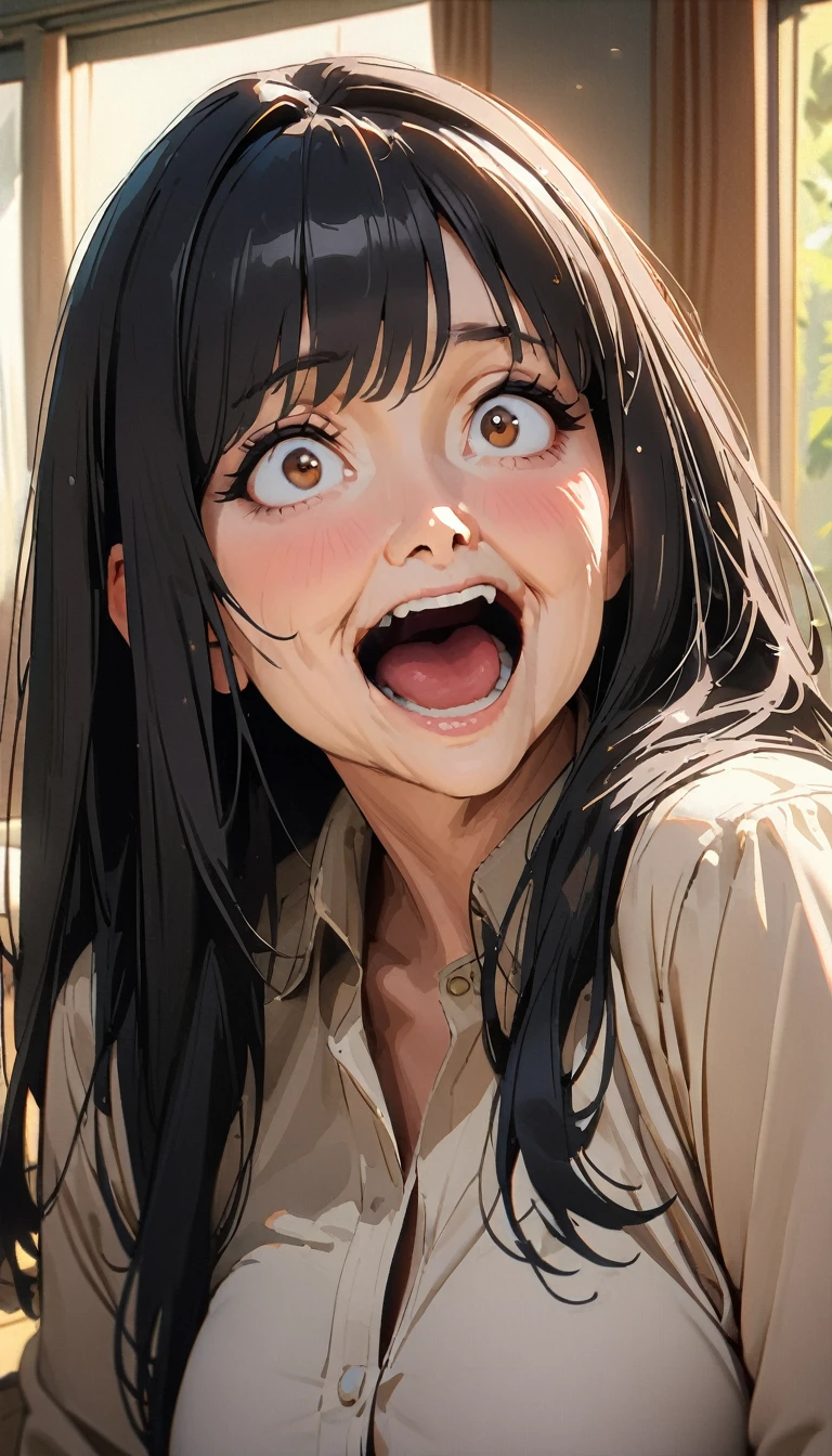 (((50 years old woman))) , masterpiece , modern, Verism, masterpiece, super detail, best quality, 4K , A beautiful woman, black hair, long hair,  She has his mouth wide open, showing a very surprised expression.

