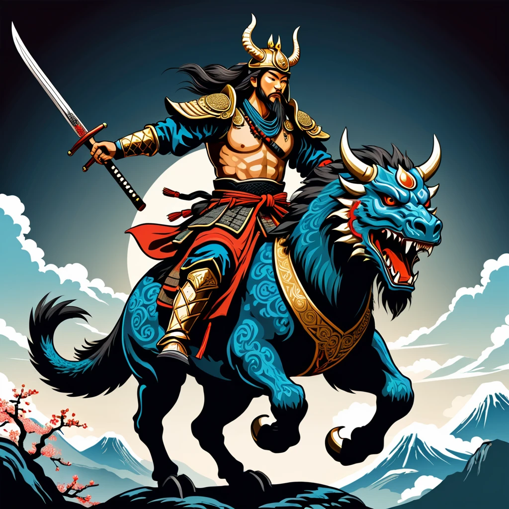 nordic warrior in japanese folk outfit, riding a monster, vector graphics, strong contours