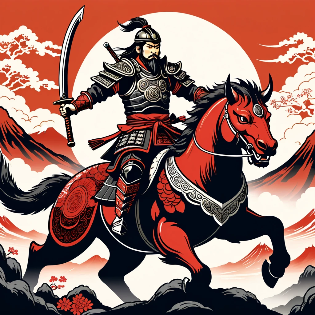 nordic warrior in japanese folk outfit, riding a monster, vector graphics, strong contours
