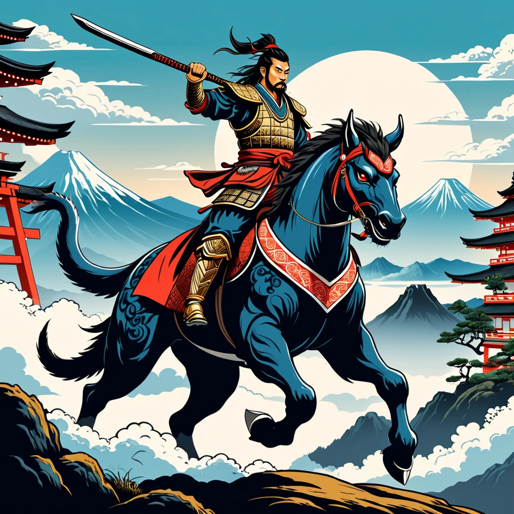 nordic warrior in japanese folk outfit, riding a monster, vector graphics, strong contours
