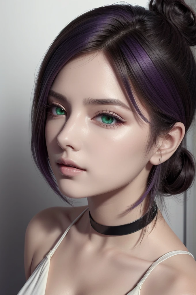 (masterpiece, best quality), intricate details, 1girl, Reze,green eyes, choker, hair between eyes, pure white skin, multicolor hair, purple hair, hair bun, short hair, perfect face, perfect aesthetic shape body, large breasts, white cropped dress, posing to viewer, 8k , ultra realistic.