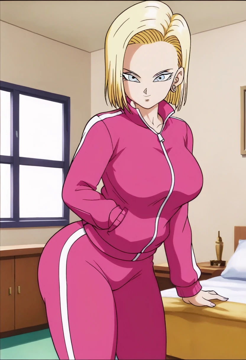 source_anime, score_9, score_8_up, score_7_up, anime screencap,
detailed face, android 18, supertop, 1girl, solo, looking at viewer, short hair, blue eyes, blonde hair, Big breasts, collarbone, hoop earrings, bedroom, collar up, track jacket, pink jacket, track suit, track pants, pink pants, standing, bent over, Big ass, sexy ass, thick legs, wide hips, bent over