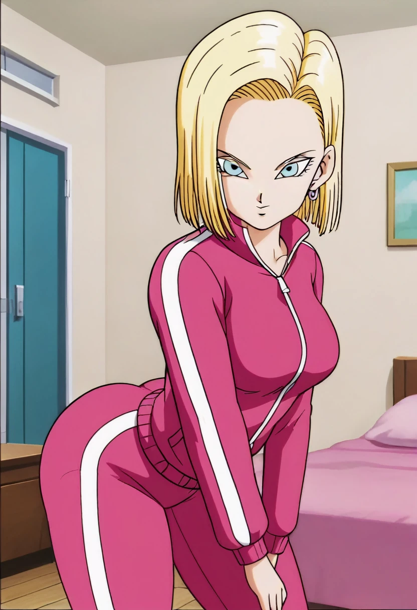 source_anime, score_9, score_8_up, score_7_up, anime screencap,
detailed face, android 18, supertop, 1girl, solo, looking at viewer, short hair, blue eyes, blonde hair, Big breasts, collarbone, hoop earrings, bedroom, collar up, track jacket, pink jacket, track suit, track pants, pink pants, standing, bent over, Big ass, sexy ass, thick legs, wide hips, bent over