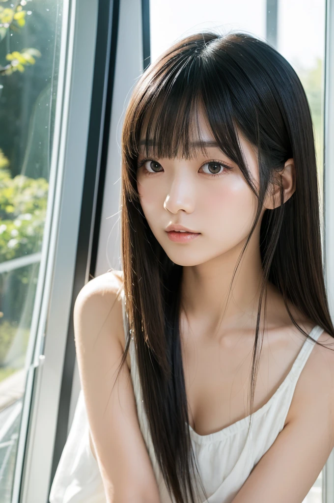 Japanese woman, long dark hair with wispy bangs, natural makeup, large expressive eyes, soft lighting on face, slightly parted lips, wearing black top, indoor setting with window reflection, sunlit outdoor scene visible, power lines in background, high resolution, photorealistic, 35mm lens, sharp focus on face, subtle hair highlights, delicate features, gentle expression