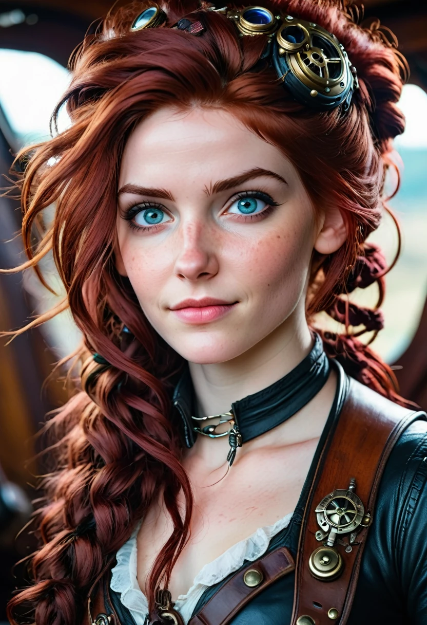 (editorial photography of Tifa Lockhart), (highly detailed face:1.4), no close-up, (smile:0.4), (background inside dark, moody, private:1.3), steampunk pirate's airship, nikon d850, stock photography, kodak portra 400 film ,camera f1.6 lens, bokeh, analog style, rich colors, hyper realistic, lifelike texture, dramatic lighting, cinestill 800, messy hair, serious, (freckles:0.4), pale skin, cute sexy