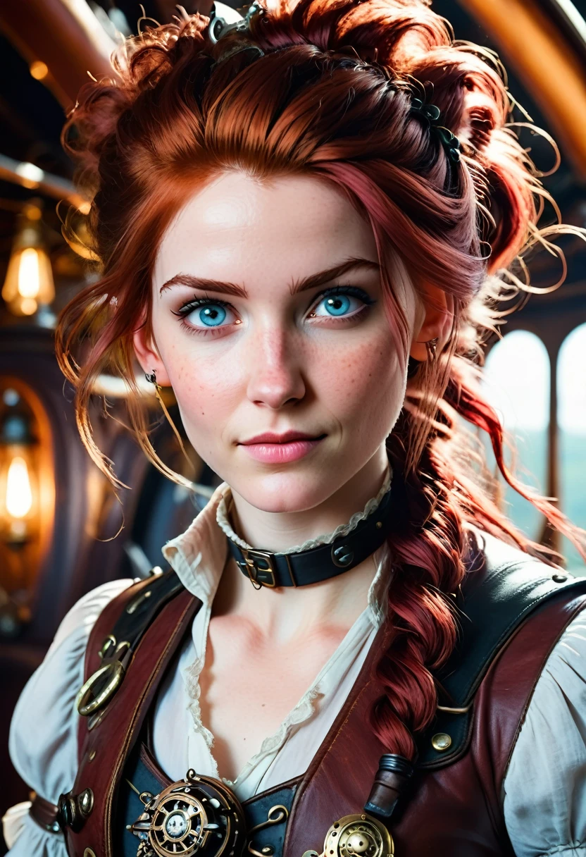 (editorial photography of Tifa Lockhart), (highly detailed face:1.4), no close-up, (smile:0.4), (background inside dark, moody, private:1.3), steampunk pirate's airship, nikon d850, stock photography, kodak portra 400 film ,camera f1.6 lens, bokeh, analog style, rich colors, hyper realistic, lifelike texture, dramatic lighting, cinestill 800, messy hair, serious, (freckles:0.4), pale skin, cute sexy