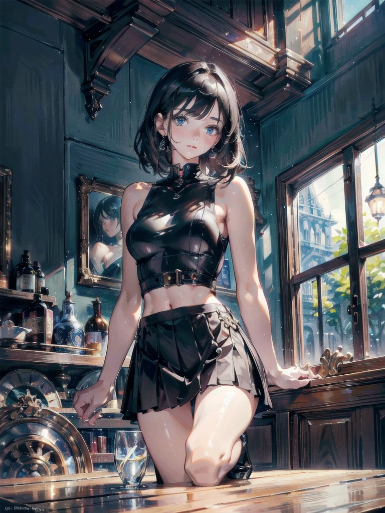 absurdres, RAW photo, extremely delicate and beautiful, masterpiece, Best Quality, ultra high resolution, 32k, hyperrealistic, ultra-detailed, perfect anatomy, super Detailed skin, perfect figure, Super Beauty, Perfect Style, Perfect balance, Beautiful Lighting, Perfect Lightning, Realistic Shadows, 20 years old, very Slim body, narrow waist, very small head, very small face, delicate facial features, handsome detailed woman, very detailed eyes and face, realistic face proportions, Realistic beautiful face, Realistic beautiful eyes, tearful mole, earring, very huge round breasts, legs, medium hair, asymmetrical hair, full body shot, indoor, tank top, crop top, skirt, sleeveless,