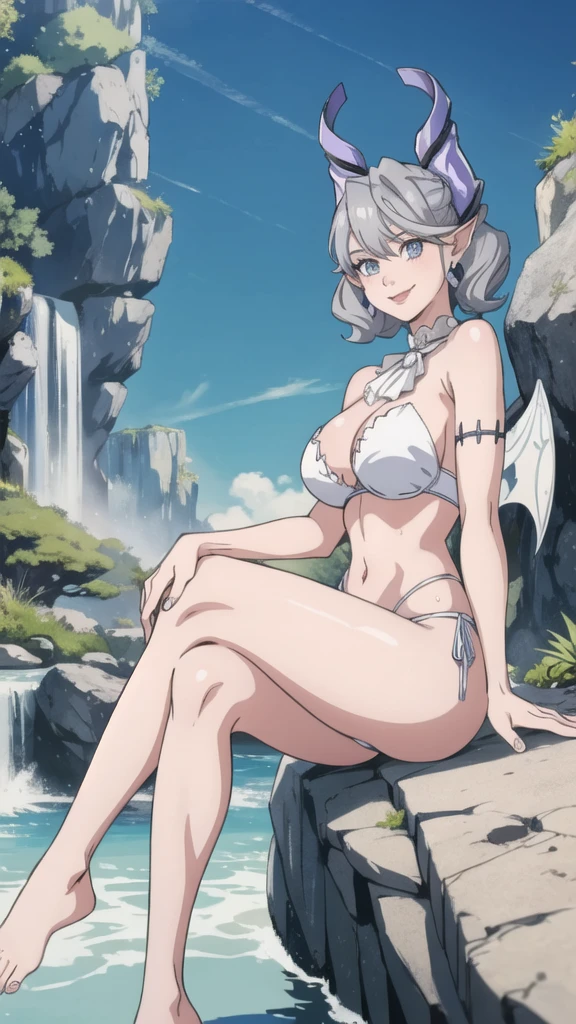 Waterfalls  High level image quality　best image quality　8K　 adult woman   garden rocks outside  more colors   whole body view　portrait　wearing bikini   　white horn    ears  　short hair（（shortcut）（gray hair）（perm）（fluffy））　eye color is blue ,  , 　attractive evil face , smile   ,  sexy pose   ,  labrynth ,  barearm    , wearing pink , wings    , sitting    , crossed legs, view foot arc    