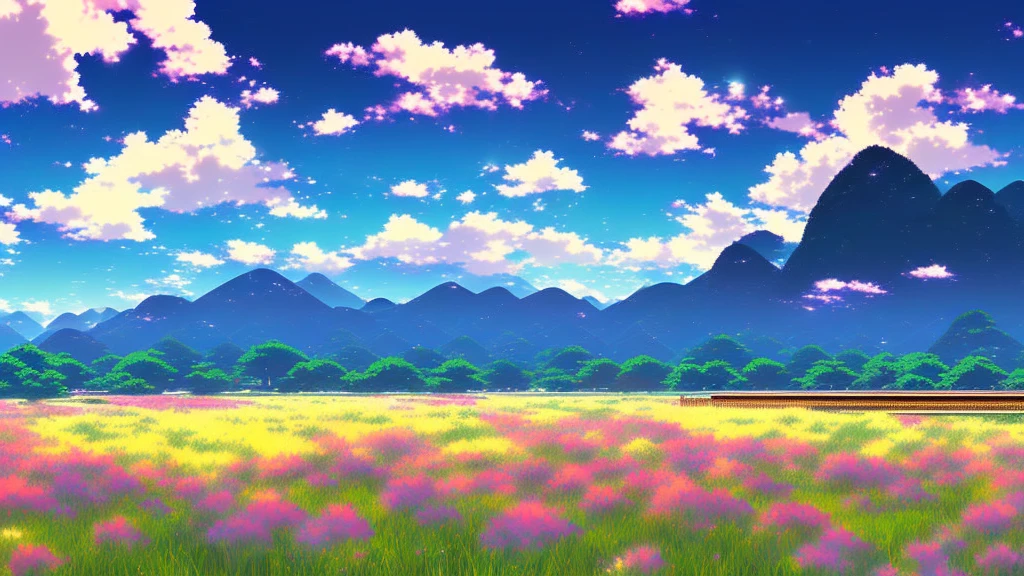 There is a piano in a field with flowers and mountains in the background, Official Artwork, ( ( Makoto Shinkai ) ), Lofi Artstyle, Atei Gailan Style, Full Piano, Beautiful peaceful scene in anime, Official Fan Art, Lofi Art, lofi album art, studio glibly Makoto Shinkai, Official Art