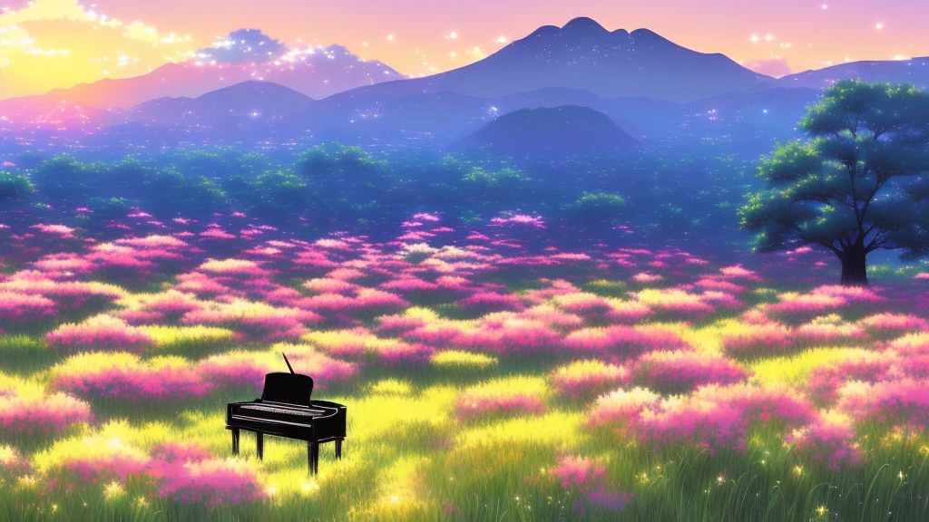 There is a piano in a field with flowers and mountains in the background, Official Artwork, ( ( Makoto Shinkai ) ), Lofi Artstyle, Atei Gailan Style, Full Piano, Beautiful peaceful scene in anime, Official Fan Art, Lofi Art, lofi album art, studio glibly Makoto Shinkai, Official Art