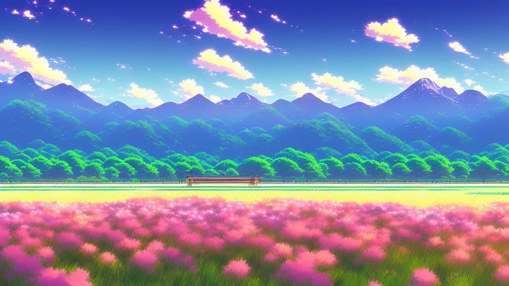 There is a piano in a field with flowers and mountains in the background, Official Artwork, ( ( Makoto Shinkai ) ), Lofi Artstyle, Atei Gailan Style, Full Piano, Beautiful peaceful scene in anime, Official Fan Art, Lofi Art, lofi album art, studio glibly Makoto Shinkai, Official Art