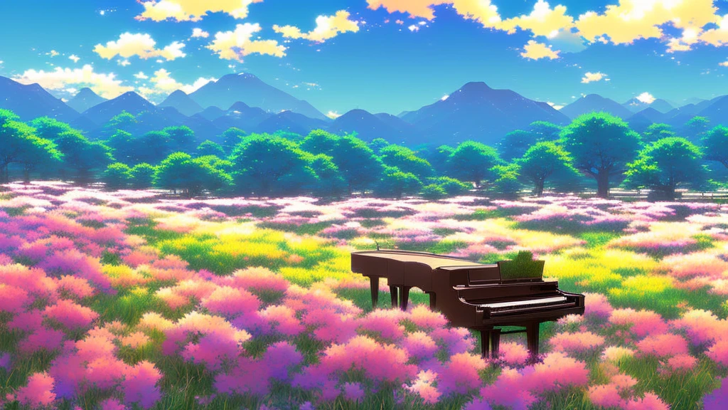 There is a piano in a field with flowers and mountains in the background, Official Artwork, ( ( Makoto Shinkai ) ), Lofi Artstyle, Atei Gailan Style, Full Piano, Beautiful peaceful scene in anime, Official Fan Art, Lofi Art, lofi album art, studio glibly Makoto Shinkai, Official Art