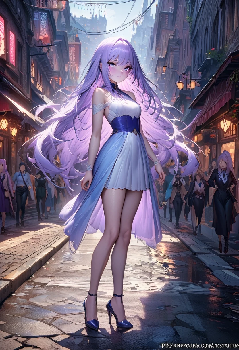 Anime girl with long hair and blue eyes standing on the city street, Popular trends on ArtStation Pixiv, Purple Eyes, Blue tie, Fair (Exquisite eyes, Delicate face,) Aheiyan, Yuradev, Noble temperament, High heel, No watermark