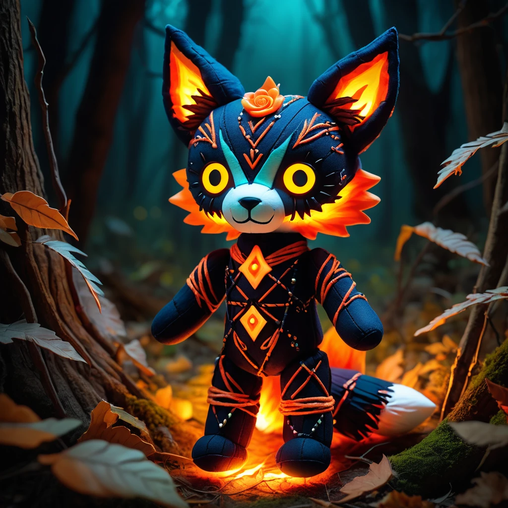 (knitted toy voodoo doll:1.7), (Voodoo Fox on Hunt:1.3), (Clothing: dark fur with glowing orange patterns:1.0), (Accessories: enchanted cursed prey, glowing ethereal tail, mystical haunted forest:1.2), (background: eerie forest with floating, glowing leaves and distant rustling:1.2), best quality, masterpiece, detailed soft oil painting, detailed background, dramatic cinematic lighting, soft edge lighting, professional, dramatic lighting, hard edge lighting, ultra quality, 4k, masterpiece, best quality, 8k, ultra high definition, high resolution, extremely detailed