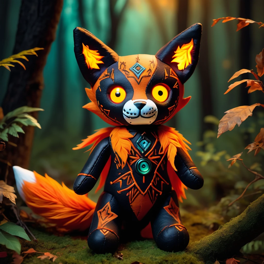 (knitted toy voodoo doll:1.7), (Voodoo Fox on Hunt:1.3), (Clothing: dark fur with glowing orange patterns:1.0), (Accessories: enchanted cursed prey, glowing ethereal tail, mystical haunted forest:1.2), (background: eerie forest with floating, glowing leaves and distant rustling:1.2), best quality, masterpiece, detailed soft oil painting, detailed background, dramatic cinematic lighting, soft edge lighting, professional, dramatic lighting, hard edge lighting, ultra quality, 4k, masterpiece, best quality, 8k, ultra high definition, high resolution, extremely detailed