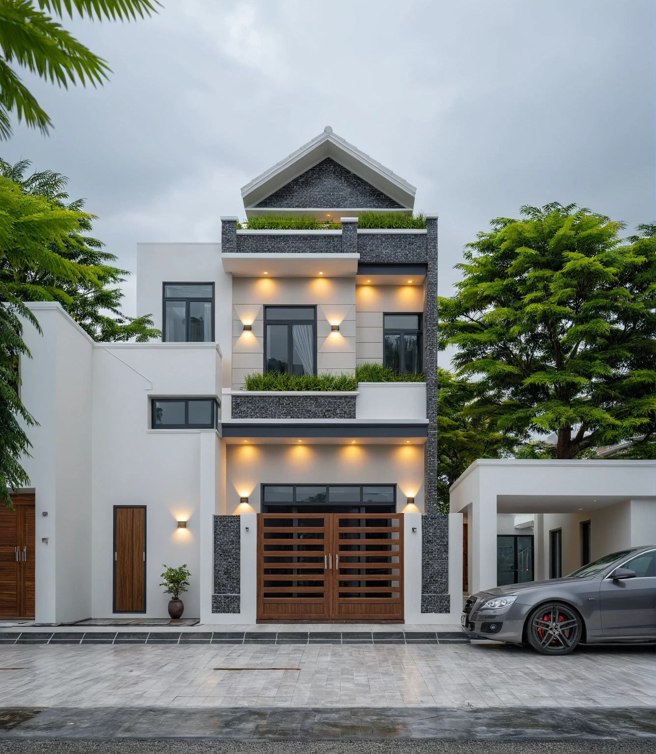 (bright image), A double story modern style house in the middle of Vietnam, (dark grnite tiled wall),(classic detail), simple and elegant architecture with white walls on top half and grey tiles roof, large windows with, entrance door is white with arched shape, bonsai trees, wide tile stone courtyard, professional photography, daylight, natural light, high resolution photography, (best quality, ultra realistic, masterpiece:1.15)