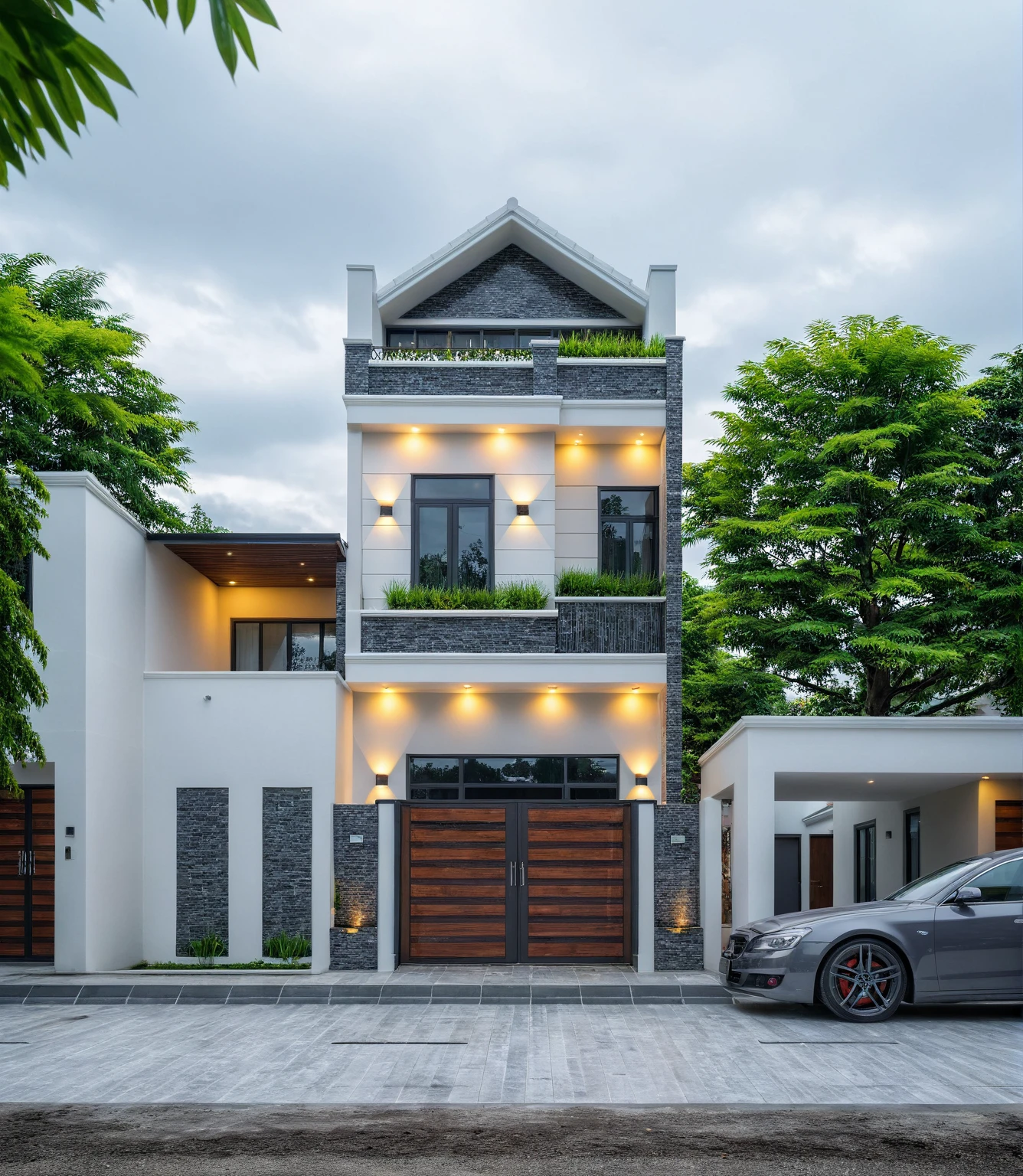 (bright image), A double story modern style house in the middle of Vietnam, (dark grnite tiled wall),(classic detail), simple and elegant architecture with white walls on top half and grey tiles roof, large windows with, entrance door is white with arched shape, bonsai trees, wide tile stone courtyard, professional photography, daylight, natural light, high resolution photography, (best quality, ultra realistic, masterpiece:1.15)