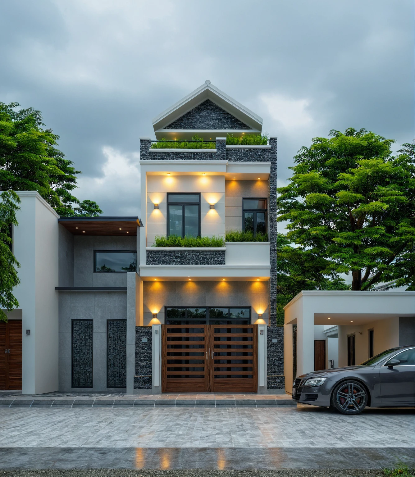 (bright image), A double story modern style house in the middle of Vietnam, (dark grnite tiled wall),(classic detail), simple and elegant architecture with white walls on top half and grey tiles roof, large windows with, entrance door is white with arched shape, bonsai trees, wide tile stone courtyard, professional photography, daylight, natural light, high resolution photography, (best quality, ultra realistic, masterpiece:1.15)