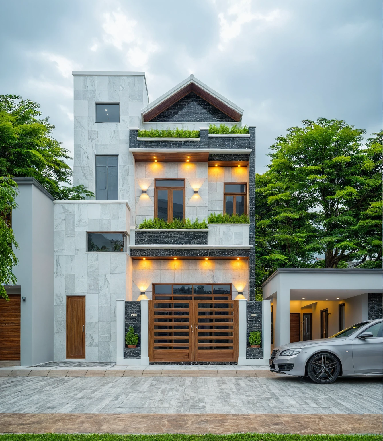 (bright image), A double story modern style house in the middle of Vietnam, (dark grnite tiled wall),(classic detail), simple and elegant architecture with white walls on top half and grey tiles roof, large windows with, entrance door is white with arched shape, bonsai trees, wide tile stone courtyard, professional photography, daylight, natural light, high resolution photography, (best quality, ultra realistic, masterpiece:1.15)