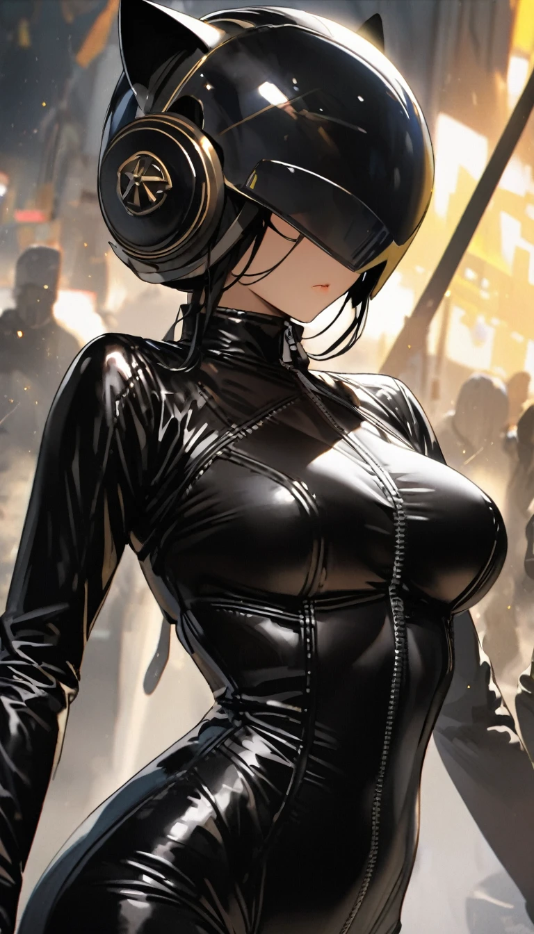 woman in a black zip-up biker tight leather suit, great proportions, yellow full-face helmet with cat ears and black shield, face is hidden and cannot be seen, 2.5D, delicate and dynamic