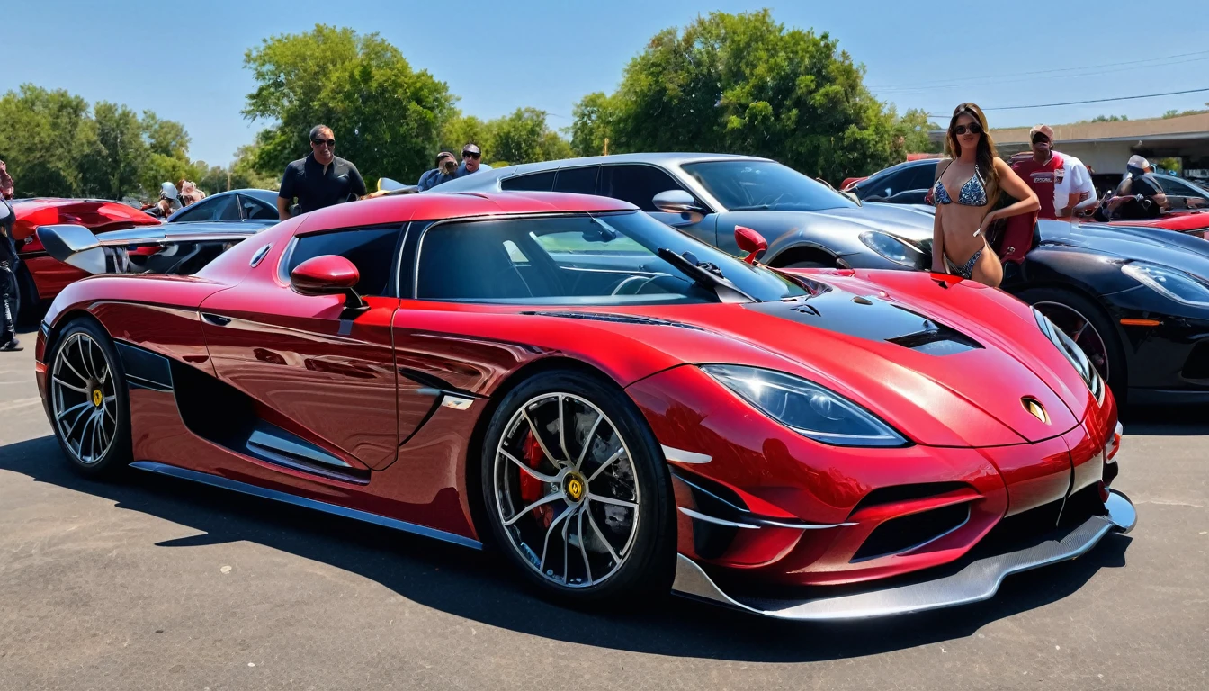 ((A realistic photo of a koenigsegg hyper Car)),cherry red color with chrome mag wheels, parked at a race trac on a summers day, best quality, very hi definition, 8k, curvy bikini Girls standing next to the car, (fine detail,)