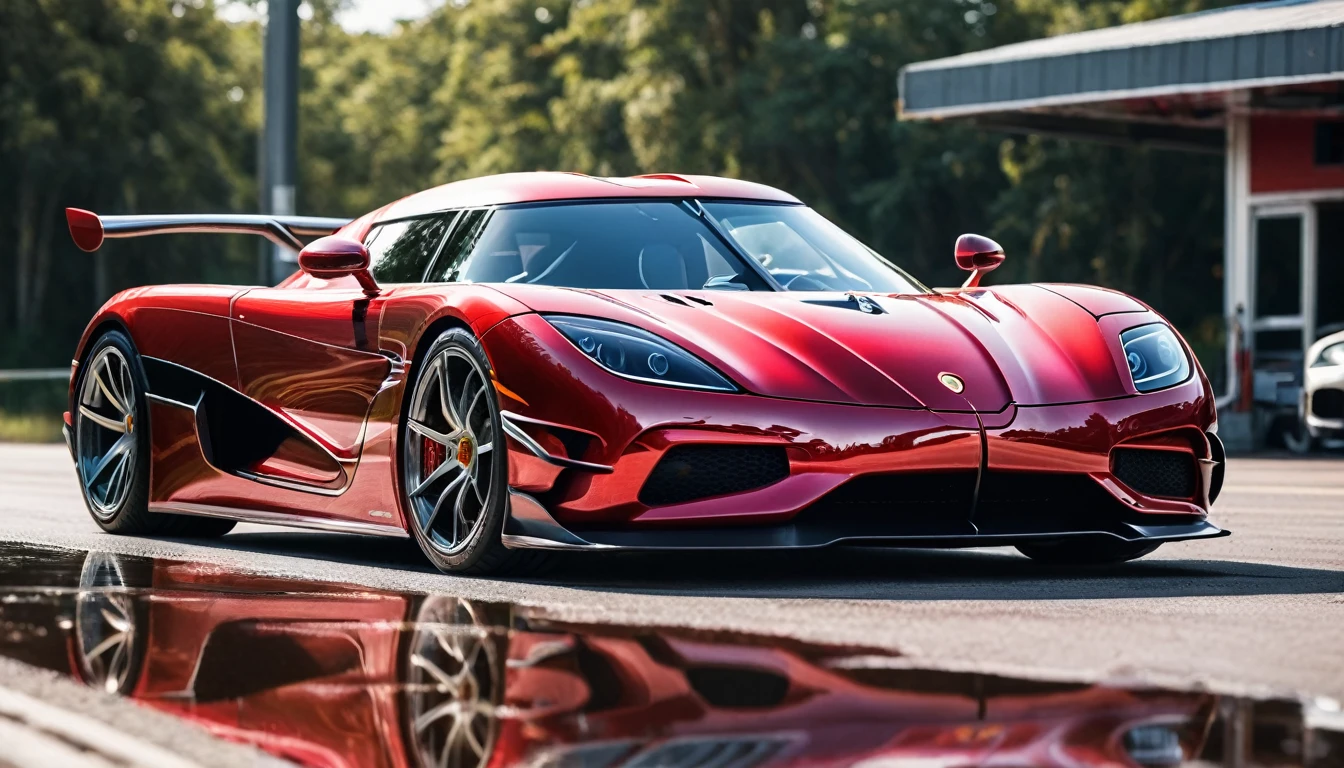 ((A realistic photo of a koenigsegg hyper Car)),cherry red color with chrome mag wheels, parked at a race trac on a summers day, best quality, very hi definition, 8k, curvy bikini Girls standing next to the car, (fine detail,)