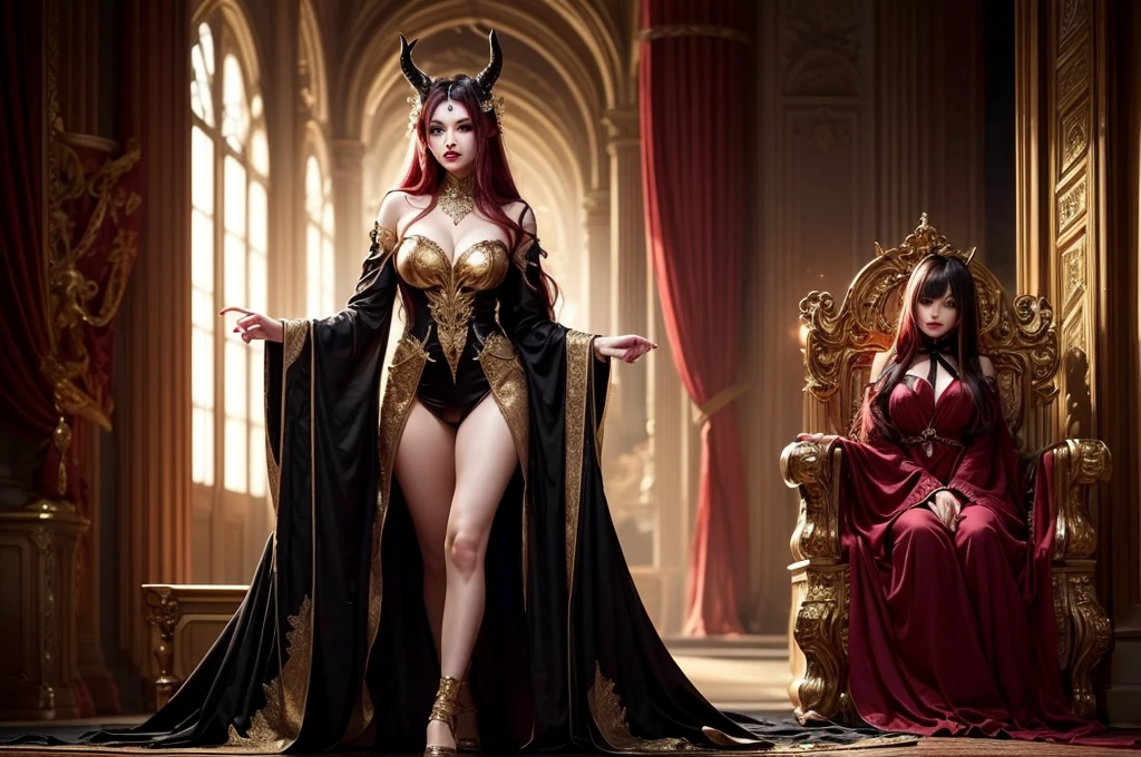 In the dark castle throne room on the huge royal throne in seductive pose siting beatiful horny demon queen, She have beautiful face with pink eyes rakr eye shadows and dark lipstick sexy make up, golden ring shape earrings on her ponty ears. she have long gorgeous bloody red hair.. dressed in majestic sexy black royal robe with golden metal parts, also she have tattoo all over her body her hands have lonf beautiful nails, (ultra high quality fantasy art, ghothic dark fantasy style, masterpiece, ultra high quality character design, 8k quality anime art, realistic anime art, top quality wallpaper illustration, detailed ultra high quality accurate face, high quality design and accurate physic)
