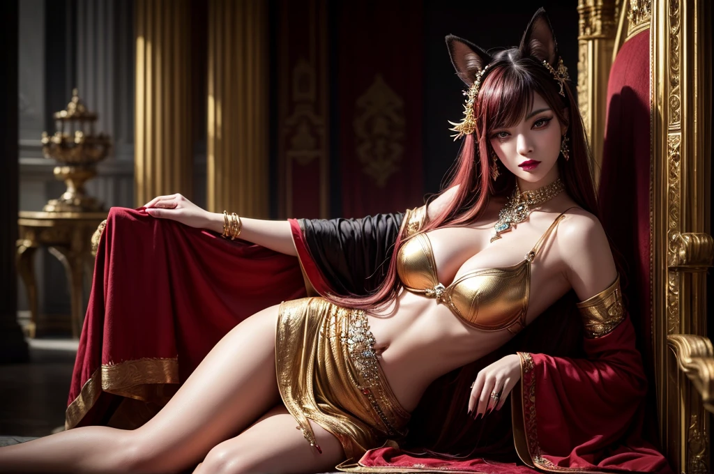 In the dark castle throne room on the huge royal throne in seductive pose siting beatiful demon queen, She have beautiful face with pink eyes rakr eye shadows and dark lipstick sexy make up, golden ring shape earrings on her ponty ears. she have long gorgeous bloody red hair.. dressed in majestic sexy black royal robe with golden metal parts, also she have tattoo all over her body her hands have lonf beautiful nails, (ultra high quality fantasy art, ghothic dark fantasy style, masterpiece, ultra high quality character design, 8k quality anime art, realistic anime art, top quality wallpaper illustration, detailed ultra high quality accurate face, high quality design and accurate physic)