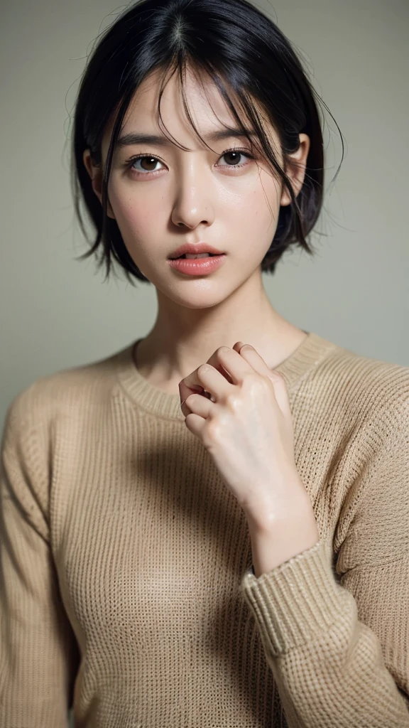 (masterpiece:1.3), (8k, photorealistic, RAW photo, best quality: 1.4), (1girl), beautiful face, (realistic face), (black hair, short hair:1.3), beautiful hairstyle, realistic eyes, beautiful detailed eyes, (realistic skin), beautiful skin, (sweater), absurdres, attractive, ultra high res, ultra realistic, highly detailed, golden ratio