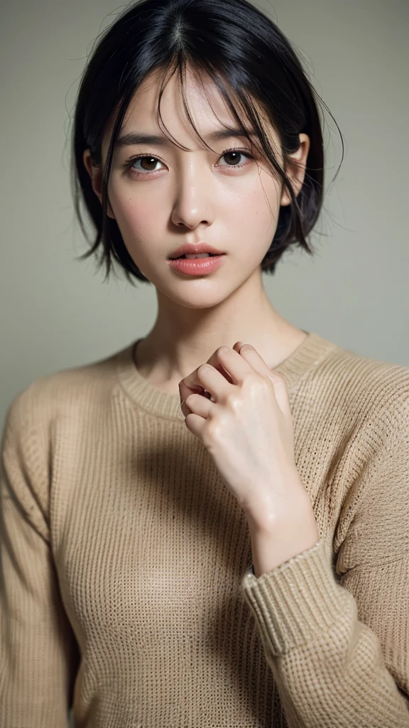 (masterpiece:1.3), (8k, photorealistic, RAW photo, best quality: 1.4), (1girl), beautiful face, (realistic face), (black hair, short hair:1.3), beautiful hairstyle, realistic eyes, beautiful detailed eyes, (realistic skin), beautiful skin, (sweater), absurdres, attractive, ultra high res, ultra realistic, highly detailed, golden ratio
