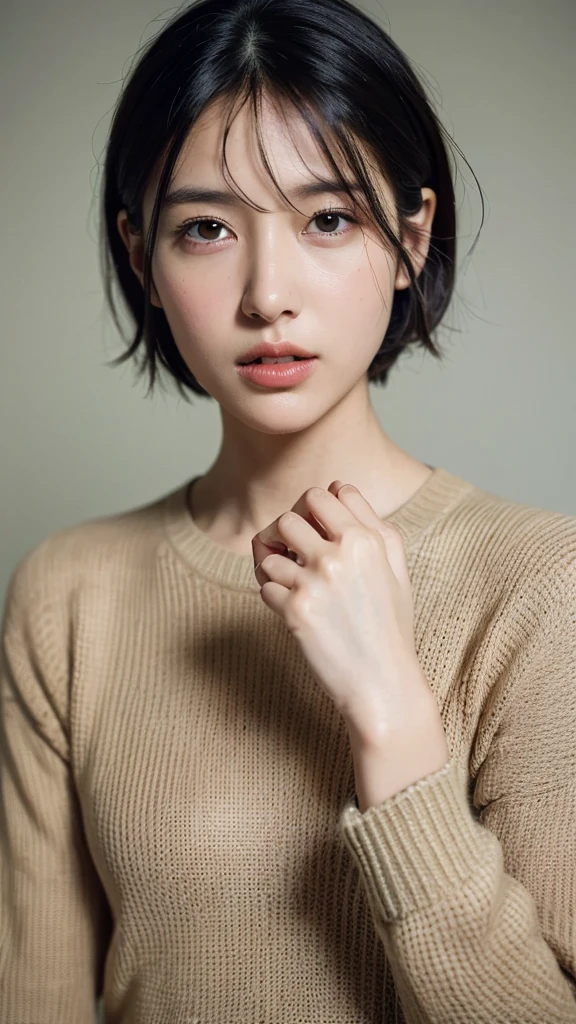 (masterpiece:1.3), (8k, photorealistic, RAW photo, best quality: 1.4), (1girl), beautiful face, (realistic face), (black hair, short hair:1.3), beautiful hairstyle, realistic eyes, beautiful detailed eyes, (realistic skin), beautiful skin, (sweater), absurdres, attractive, ultra high res, ultra realistic, highly detailed, golden ratio